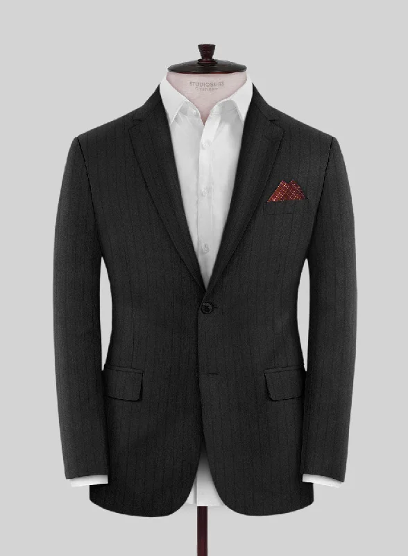 Scabal Sapphire Chalkstripe Gray Wool Jacket Boat Neck Shawl Collar Notched Collar