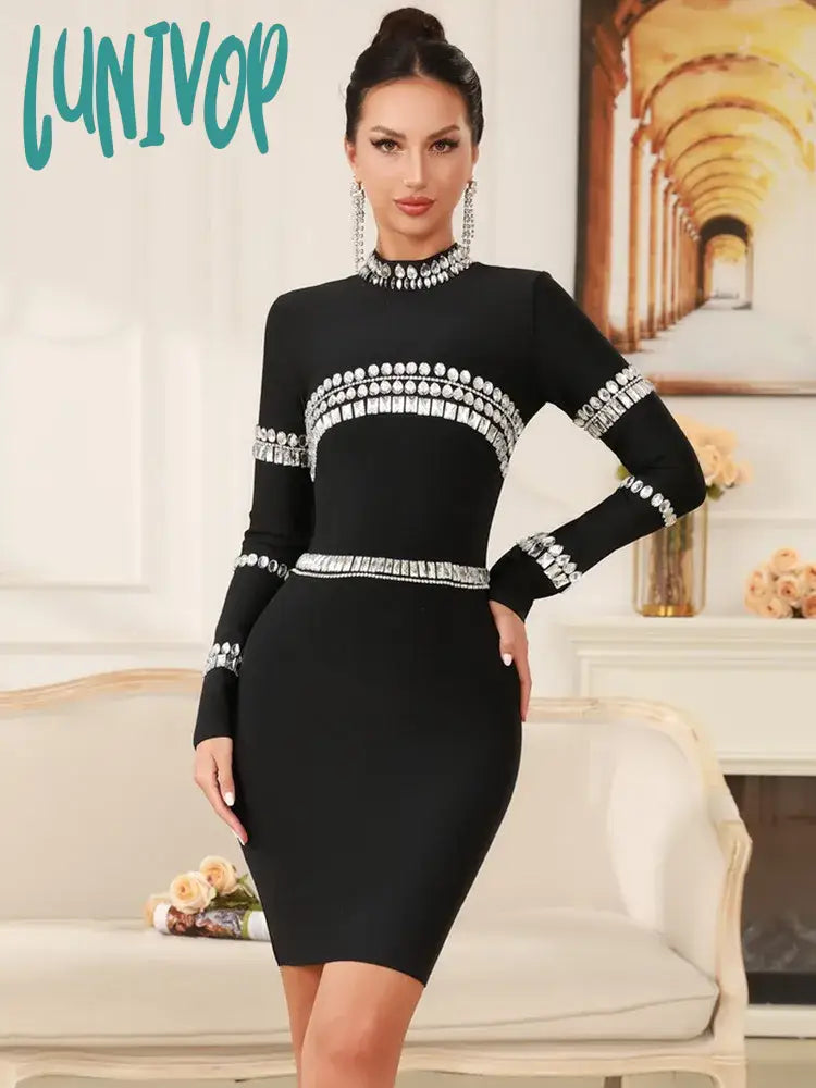 Lunivop Winter Women Celebrity Sexy Long Sleeve Diamonds Beading Black Mini Bandage Dress 2024 Knitted Elegant Evening Club Party Dress Tunics Silk luxurious Lunivop Winter Women Celebrity Sexy Long Sleeve Diamonds Beading Black Mini Bandage Dress 2024 Knitted Elegant Evening Club Party Dress Tunics Silk luxurious