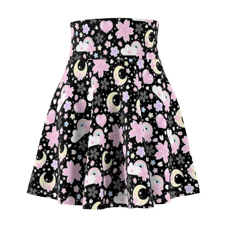 Cherry Blossom Dreams Black High Waist Skater Skirt mini skirt trendy