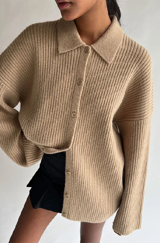 COLLARED RIB-KNIT CARDIGAN Cable Knit Ribbed Knit Lace Knit