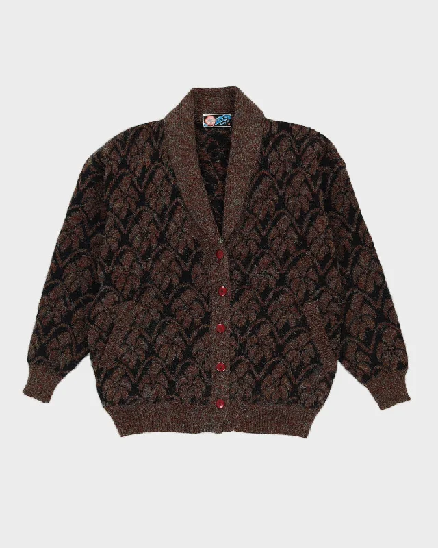 Brown Patterned Metallic Knitted Cardigan - M Lace Blend Ribbed Blend Corduroy Blend