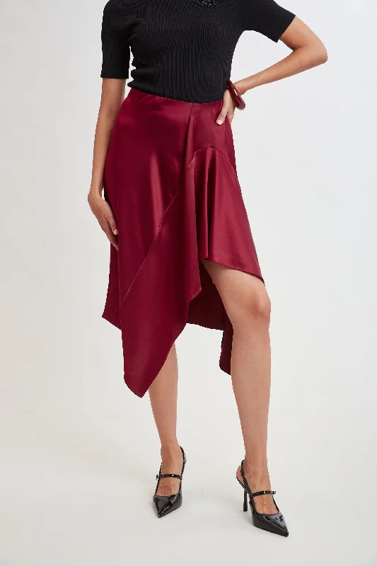 Asymmetric Hem Satin Midi Skirt asymmetrical skirt cut