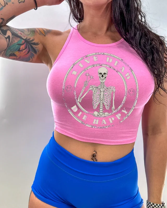 Salty Savage Ladies "Live Dead, Die Happy" High Neck Sleeveless Crop Tank white tank top