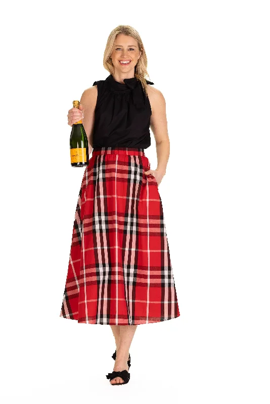 Mira Midi Skirt in Red Plaid denim skirt trendy