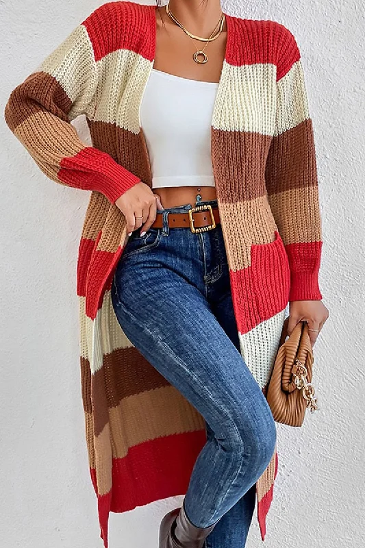 WOMEN COLOR BLOCKED LONG LENGTH KNIT CARDIGAN Thin Thick Dense