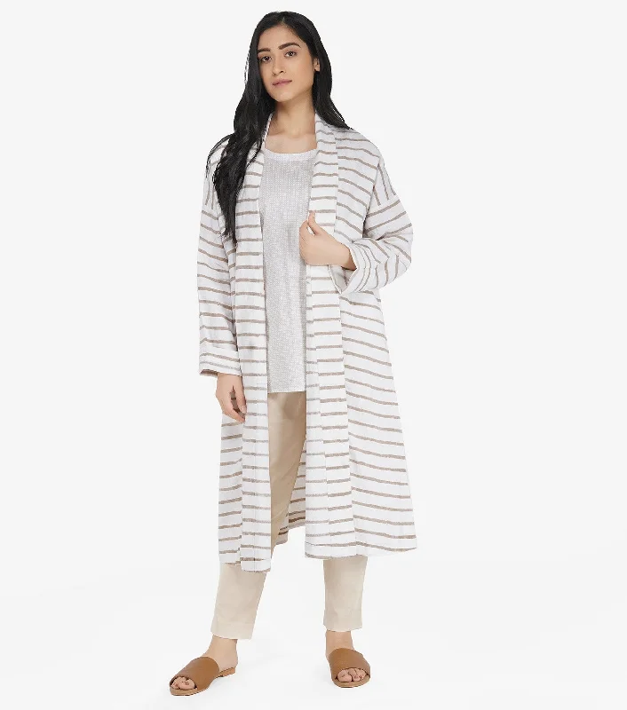 Natural striped linen jacket Front Pockets Side Pockets Patch Pockets