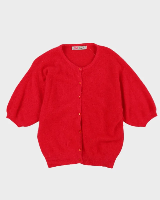 Red Angora-Blend Batwing Cardigan - M Collared Crew Neck Turtle Neck