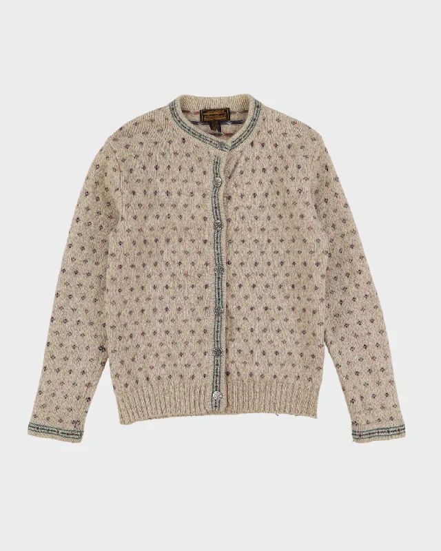 Eddie Bauer Beige Patterned Knitted Cardigan - S Striped Floral Plaid