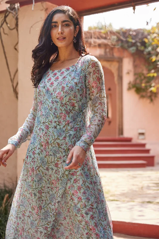 Two piece ethnic set Sanganeri printed dress with detachable long jacket Chenille Jacket Brocade Jacket Lace Jacket