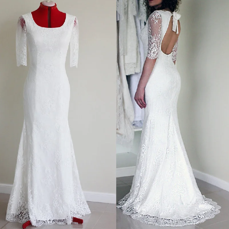 Popular Half Sleeve Sexy Long Mermaid Open Back White Lace Wedding Party Dress, WD0041 Tunics Prom sequined Popular Half Sleeve Sexy Long Mermaid Open Back White Lace Wedding Party Dress, WD0041 Tunics Prom sequined