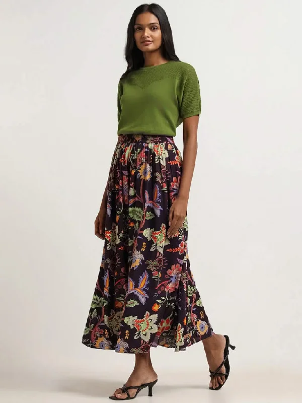 LOV Dark Purple Floral Printed Skirt summer skirt style