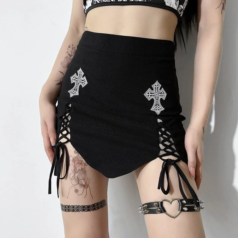 Women's Grunge Lacing-up Cross Printed Wrapped Skirt high waist skirt
