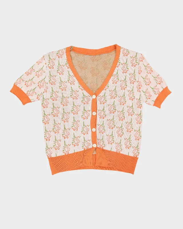 Orange And Cream Floral Short Sleeve Cardigan - XS Striped Floral Plaid