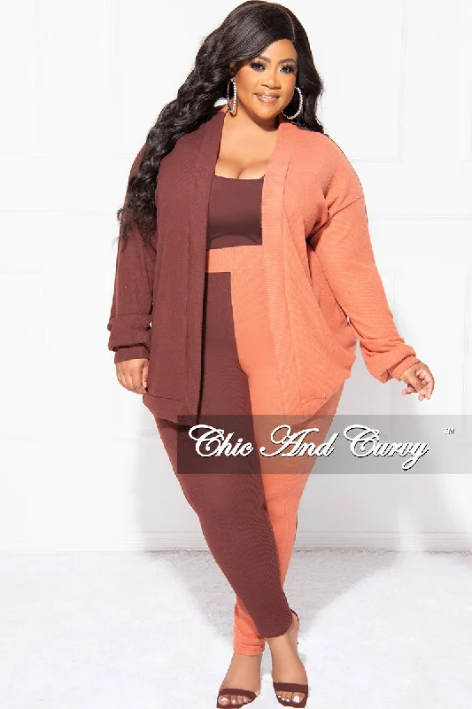Final Sale Plus Size 2pc Ribbed kimono Top and Pants Set in Brown and Orange ColorBlock Sleek Black Pants