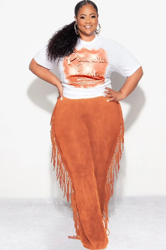 Final Sale Plus Size High Waist Fringe Trim Pants in Rust Mineral Wash Print Jersey Classic Straight Pants