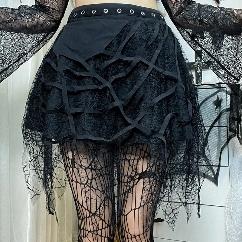Women's Punk Spider Web Lace Splice Skirt wool skirt sturdy