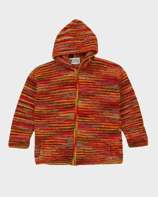 Orange Striped Hooded Knitted Cardigan - L Ribbed Striped Patterned