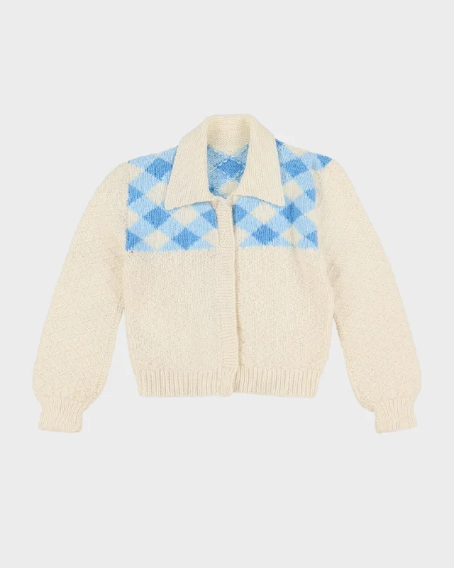 Vintage 1970s Handknitted White Cardigan - XS Plaid Cardigan Polka Dot Checkered