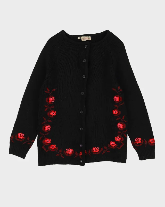 Vintage 60s Black Floral Cardigan - M Nylon Fabric Polyester Fabric Spandex Fabric