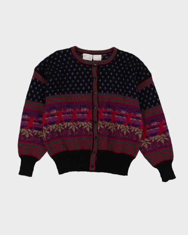 Black And Purple Patterned Knitted Cardigan - M Denim Fabric Leather Fabric Suede Fabric