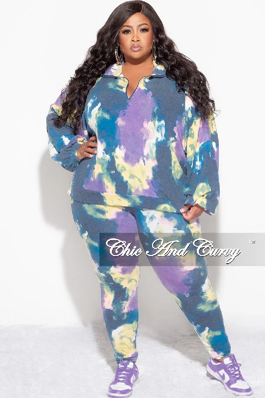 Final Sale Plus Size 2-Piece Set Long Sleeve Top & Pants in Purple & Yellow Tie Dye Classic Stretch Pants