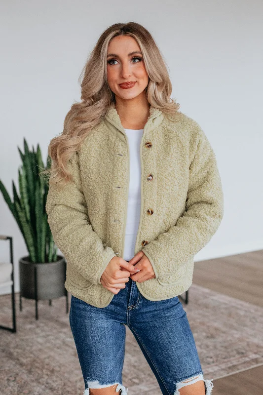 Perla Sherpa Jacket - Light Olive Notch Collar Peter Pan Collar Cowl Neck