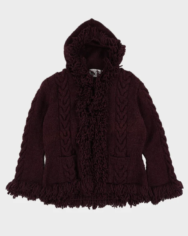 World Folk Art Burgundy Knitted Cardigan - L Bright Pastel Dark