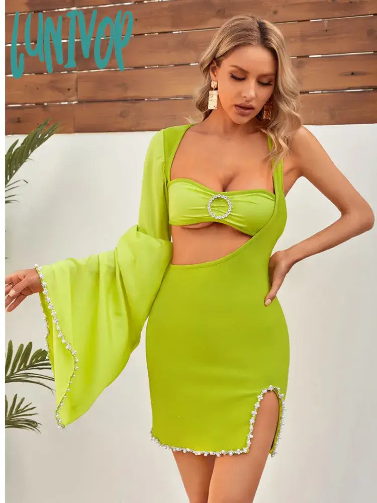 Lunivop Women Summer Sexy Single Sleeve Cut Out Beading Green Mini Bodycon Bandage Dress Elegant Evening Club Party Dress Boatneck Modish Everyday Lunivop Women Summer Sexy Single Sleeve Cut Out Beading Green Mini Bodycon Bandage Dress Elegant Evening Club Party Dress Boatneck Modish Everyday