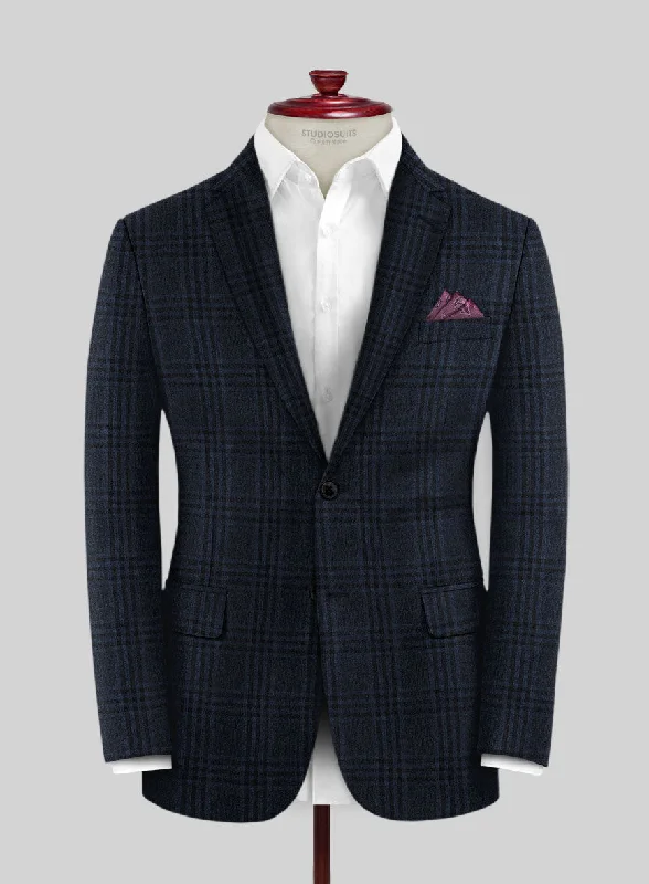 Scabal Lapis Blue Checks Wool Jacket Zippered Jacket Buttoned Jacket Snapped Jacket