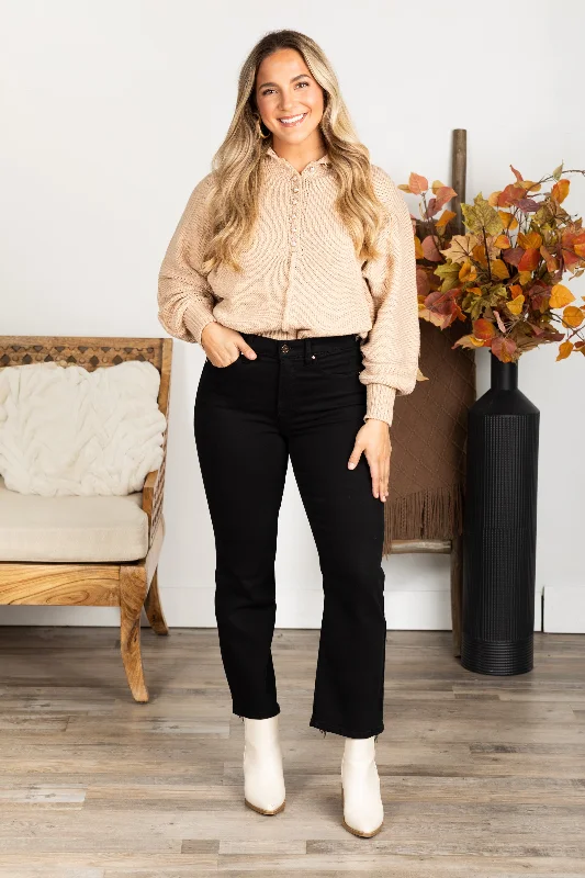 Risen Black Tummy Control Crop Straight Pants Trendy Wide-Leg Pants