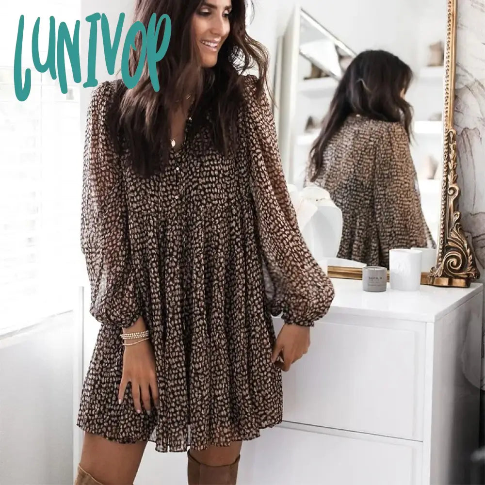 Lunivop Lantern Sleeve Dot Print Ruffles Women Dress Casual V-neck Long Sleeve Button Mini Dress Ladies Elegant Party Dress Vestido High-Low Hemline Casual Lunivop Lantern Sleeve Dot Print Ruffles Women Dress Casual V-neck Long Sleeve Button Mini Dress Ladies Elegant Party Dress Vestido High-Low Hemline Casual