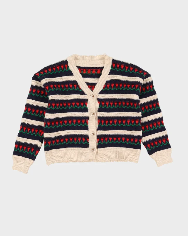 Blue And Cream Patterned Knitted Cardigan - S Knit Fabric Woven Fabric Fleece Fabric