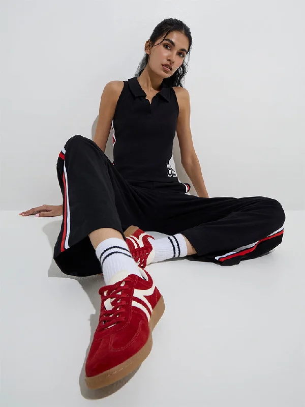 Studiofit Black Striped High-Rise Cotton-Blend Track Pants Elegant Silk Pants