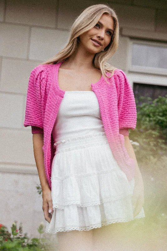 Greer Quarter Sleeve Cardigan - Hot Pink Zippered Front Buttoned Front Snap Front