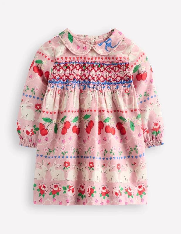 Woven Party Dress-Pink Valentines Bunnies Off-the-shoulder Bohemian Festive