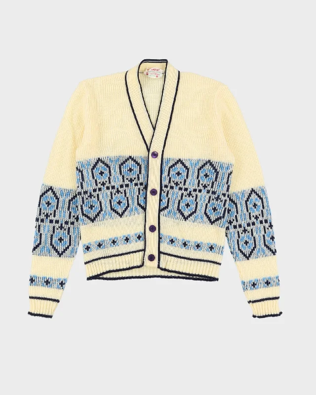 Vintage 1970s Cream Patterned Knitted Cardigan - XXS Tailored Straight A-Line