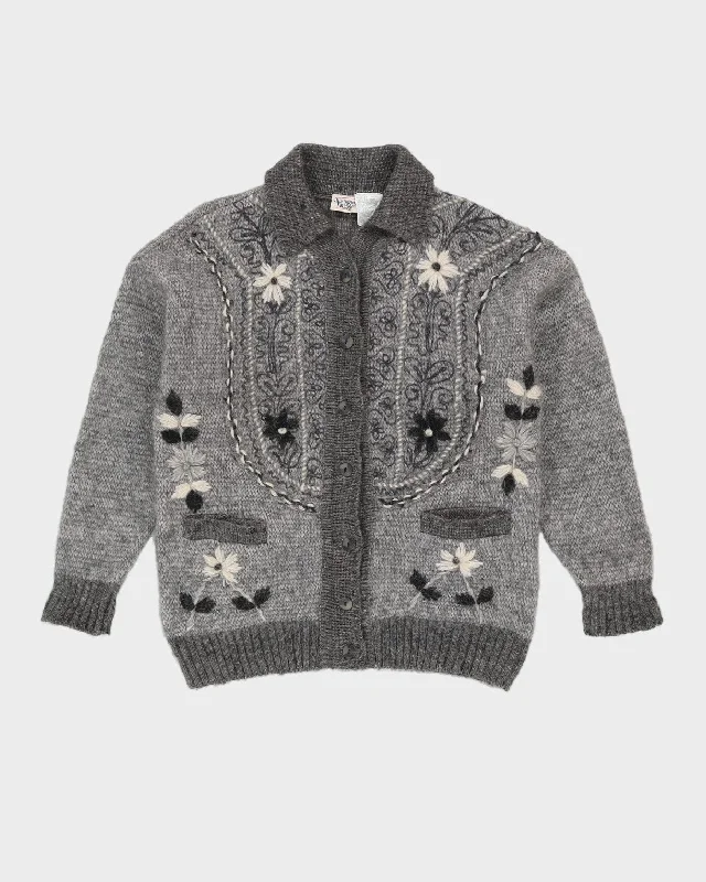 Grey Patterned Knitted Cardigan - M Faux Fur Fabric Real Fur Fabric Shearling Fabric