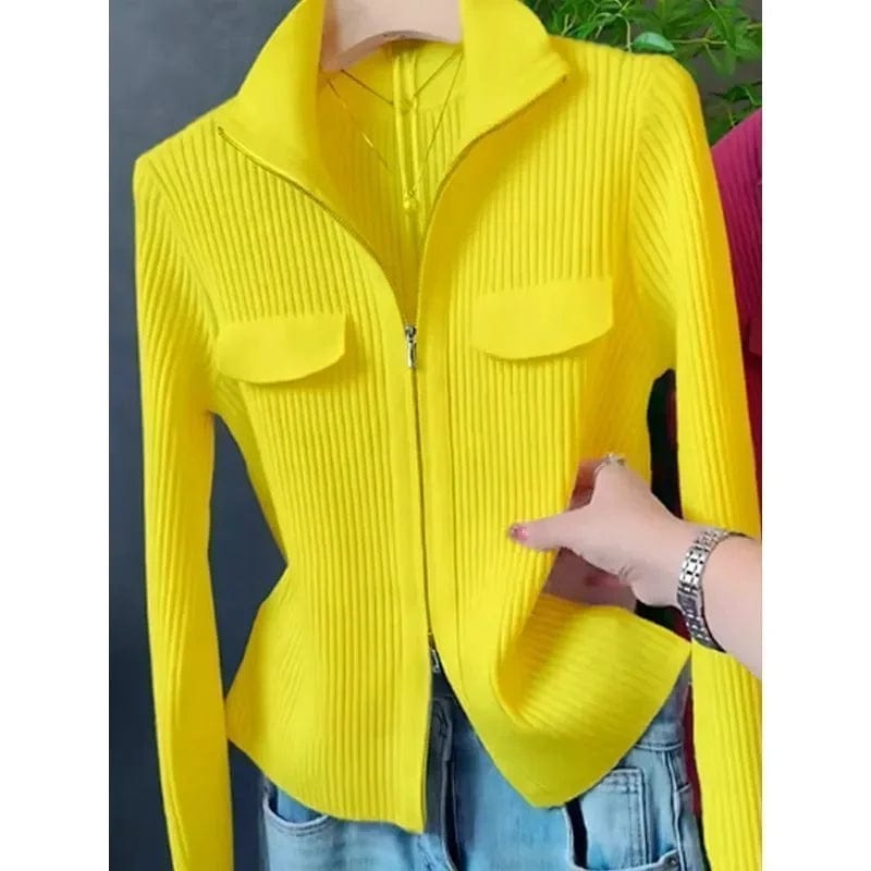 Fashion Zipper Short Knitted Cardigan Sweater 2025 Spring Autumn New Korean Versatile Coat Top Turn-Down Col Sweater Solid Color Neon metallic Matte