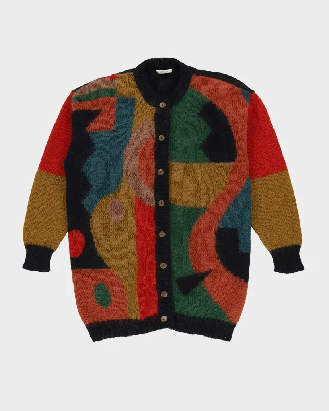 Black And Orange Patterned Knitted Cardigan - M Denim Fabric Leather Fabric Suede Fabric