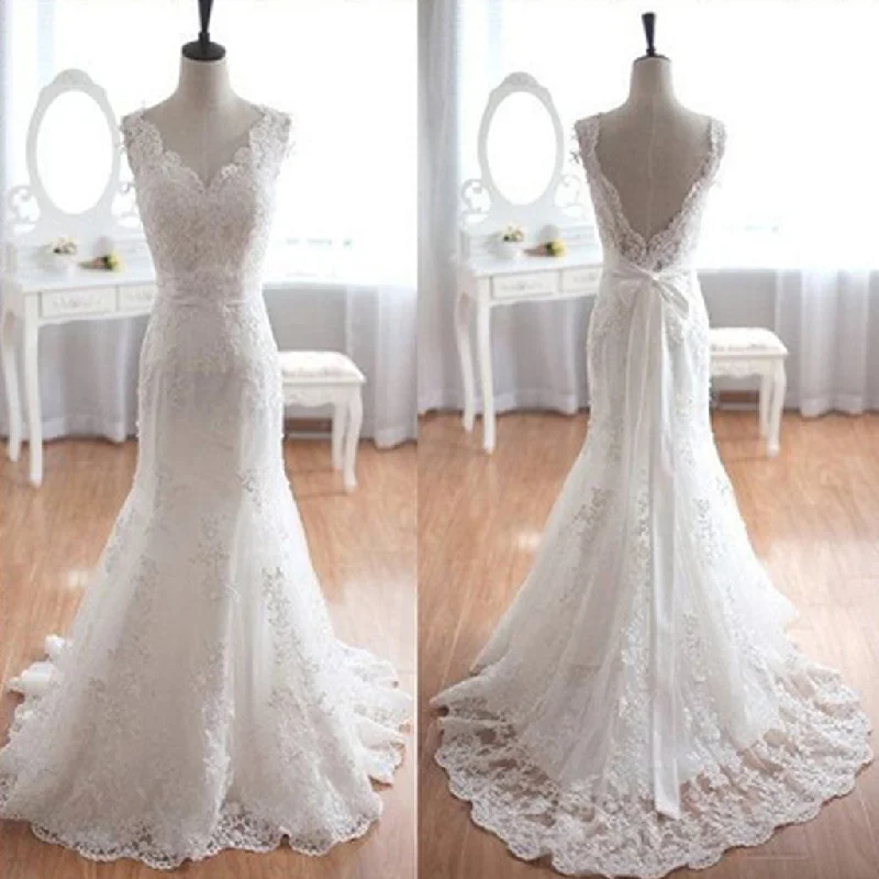 Popular Elegant V-Neck Long Mermaid White Lace Bridal Gown, Wedding Party Dresses , WD0045 Tunics Wedding white Popular Elegant V-Neck Long Mermaid White Lace Bridal Gown, Wedding Party Dresses , WD0045 Tunics Wedding white