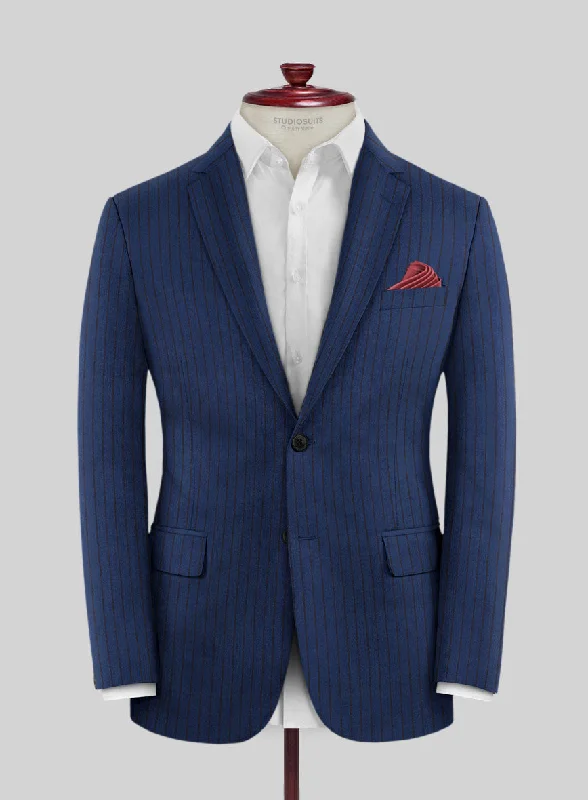Scabal Londoner Deli Stripe Blue Wool Jacket A-Line Jacket Boat Neck Shawl Collar