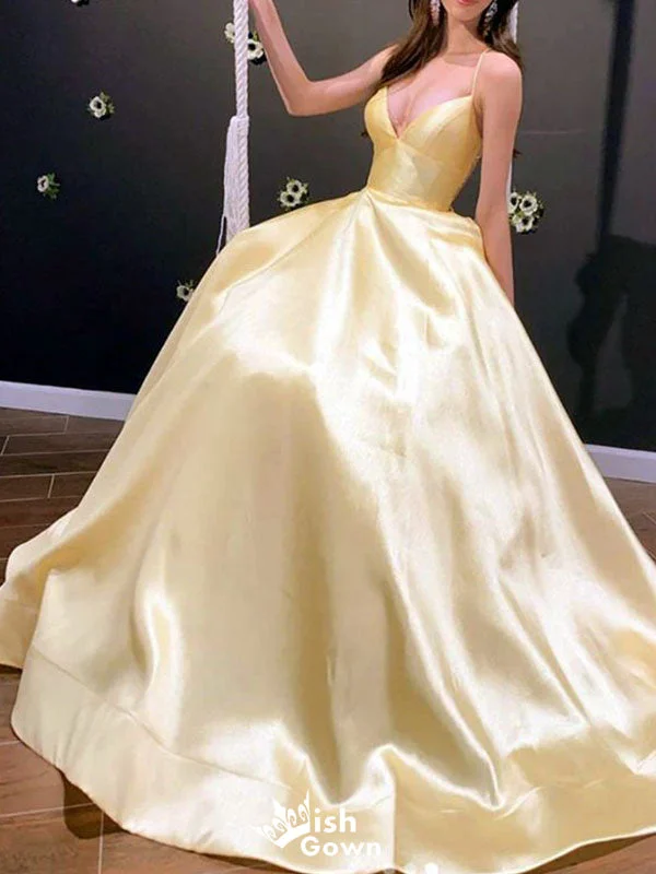 Elegant Light Yellow V Neck Spaghetti Straps A-line Long Party Dress Prom Dresses,WGP988 Tunics Bestseller popular