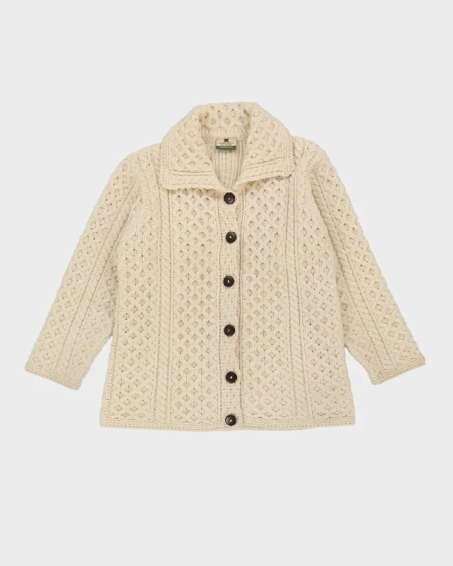 Irish Cream Wool Knitted Cardigan - M Solid Print Embellished