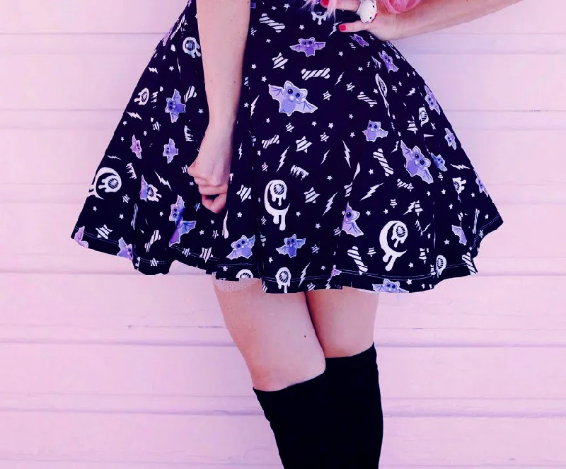 Milky bat night black skater skirt [made to order] casual skirt length