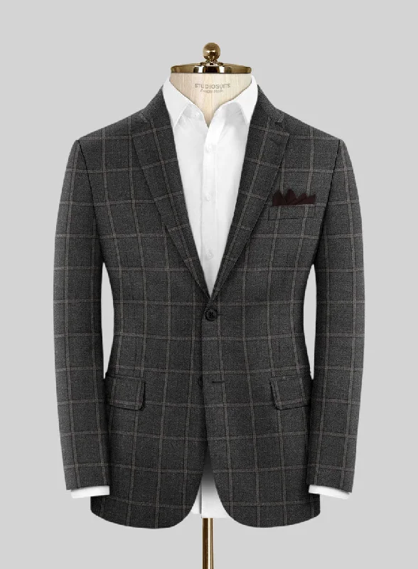 Scabal Charcoal Windowpane Wool Jacket Notch Collar Peter Pan Collar Cowl Neck