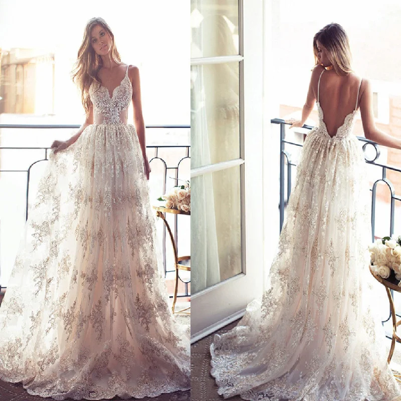 Long A-line Spaghetti V-back Sexy Lace Bridal Gown, Wedding Party Dress, WD0046 Tunics Leisure comfortable Long A-line Spaghetti V-back Sexy Lace Bridal Gown, Wedding Party Dress, WD0046 Tunics Leisure comfortable