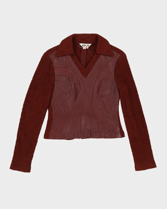 Vintage 80s Burgundy Two Tone Leather Knit Cardigan - XS Chenille Blend Fleece Blend Nylon Blend