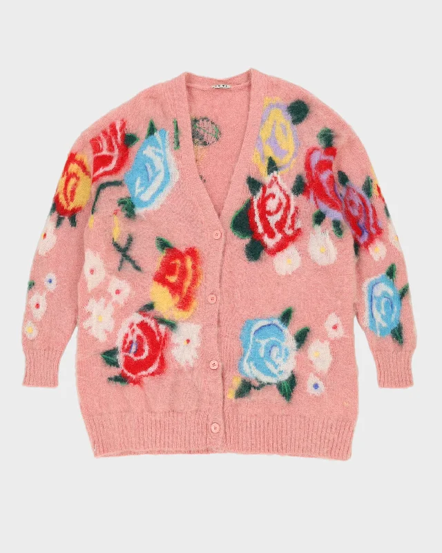 Miu Miu Pink Floral Knitted Cardigan - L Mesh Blend Leather Blend Suede Blend