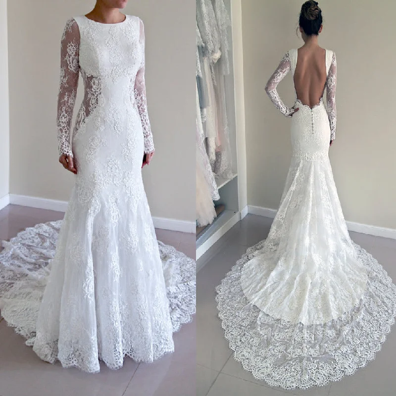 Gorgeous Round Neck Long Sleeve Sexy Mermaid Backless Lace Wedding Party Dresses, WD0040 Tunics Short Trendy Gorgeous Round Neck Long Sleeve Sexy Mermaid Backless Lace Wedding Party Dresses, WD0040 Tunics Short Trendy