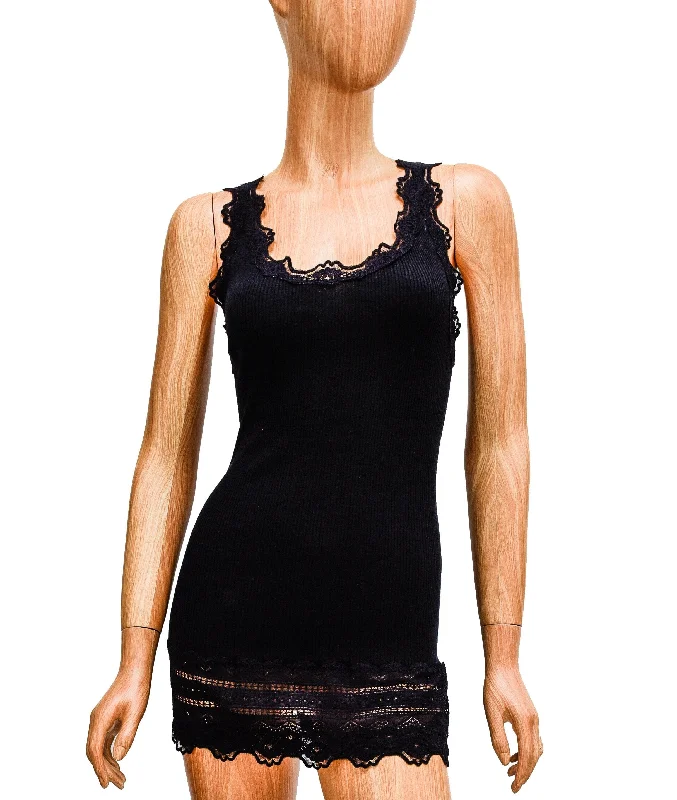 Fitted Black Ribbed Tank with Lace Trim gold tank top